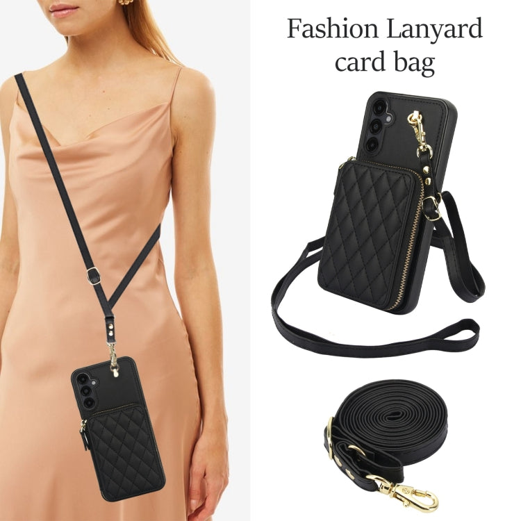 For Samsung Galaxy A14 4G / 5G AwQuer Crossbody Zipper Wallet Rhombic Leather Back Phone Case
