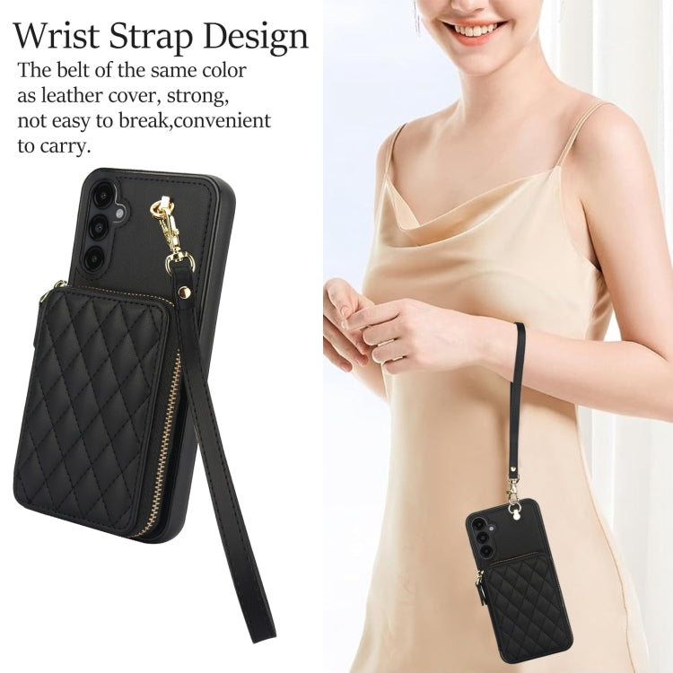 For Samsung Galaxy A14 4G / 5G AwQuer Crossbody Zipper Wallet Rhombic Leather Back Phone Case