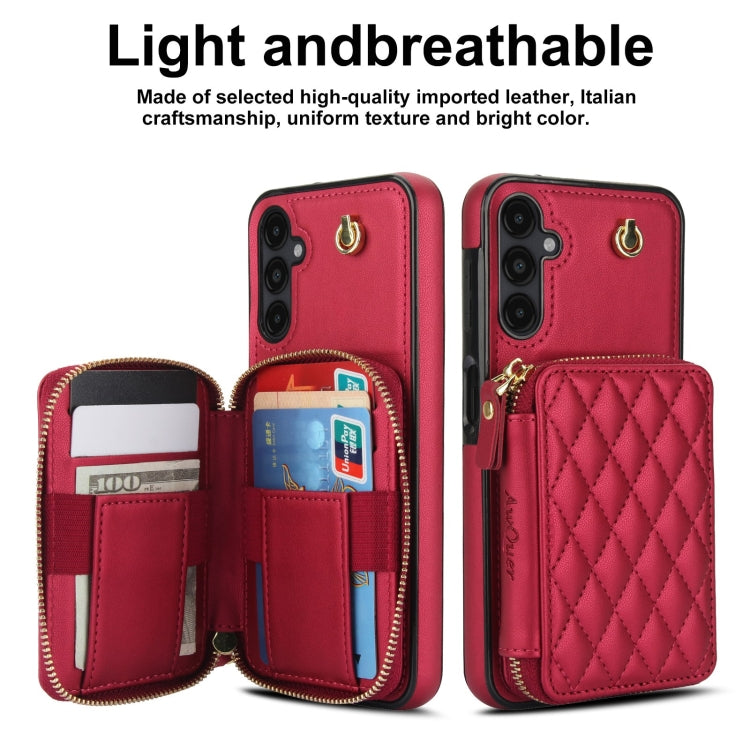 For Samsung Galaxy A14 4G / 5G AwQuer Crossbody Zipper Wallet Rhombic Leather Back Phone Case
