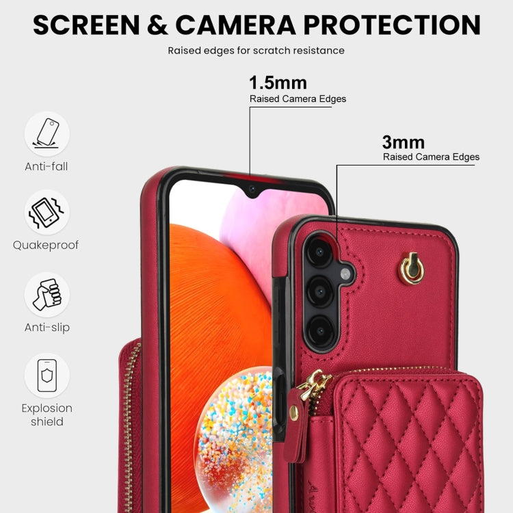 For Samsung Galaxy A14 4G / 5G AwQuer Crossbody Zipper Wallet Rhombic Leather Back Phone Case