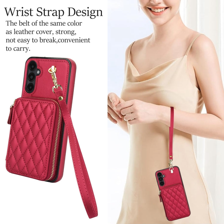 For Samsung Galaxy A14 4G / 5G AwQuer Crossbody Zipper Wallet Rhombic Leather Back Phone Case