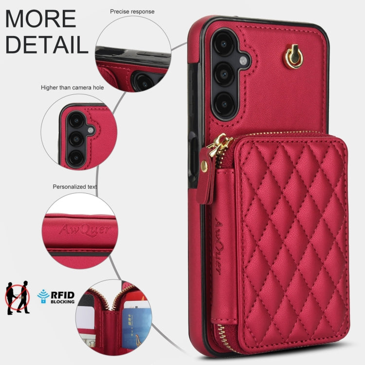 For Samsung Galaxy A14 4G / 5G AwQuer Crossbody Zipper Wallet Rhombic Leather Back Phone Case
