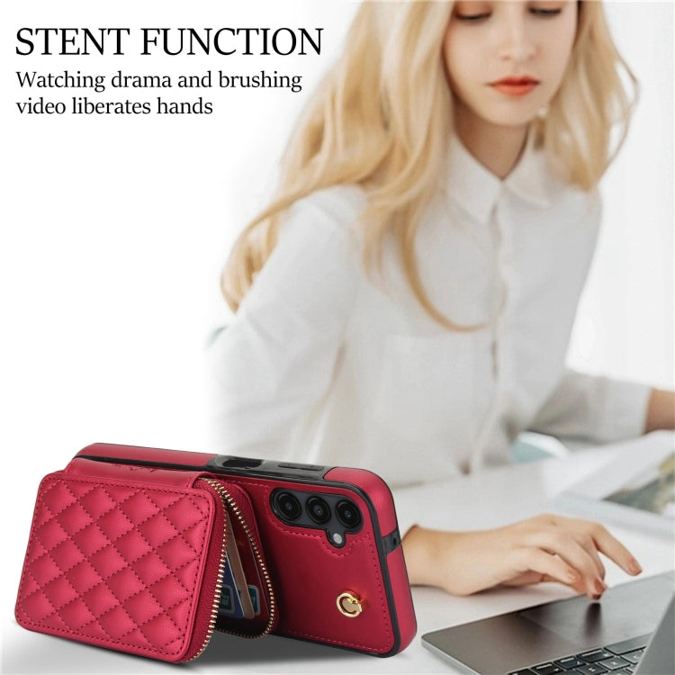 For Samsung Galaxy A14 4G / 5G AwQuer Crossbody Zipper Wallet Rhombic Leather Back Phone Case