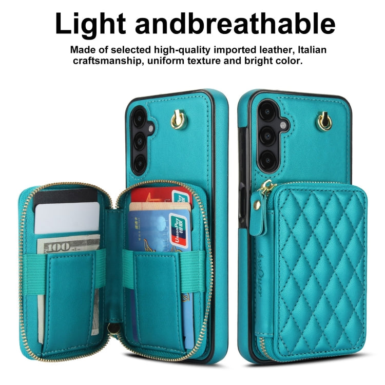 For Samsung Galaxy A14 4G / 5G AwQuer Crossbody Zipper Wallet Rhombic Leather Back Phone Case