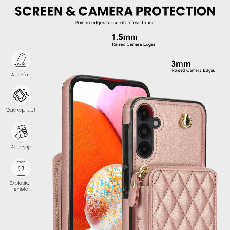 For Samsung Galaxy A14 4G / 5G AwQuer Crossbody Zipper Wallet Rhombic Leather Back Phone Case
