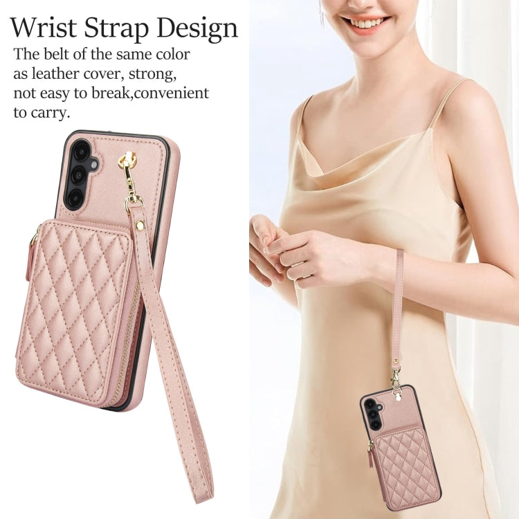For Samsung Galaxy A14 4G / 5G AwQuer Crossbody Zipper Wallet Rhombic Leather Back Phone Case