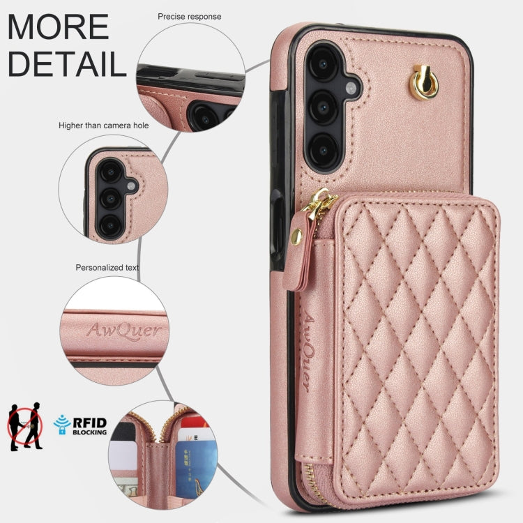 For Samsung Galaxy A14 4G / 5G AwQuer Crossbody Zipper Wallet Rhombic Leather Back Phone Case