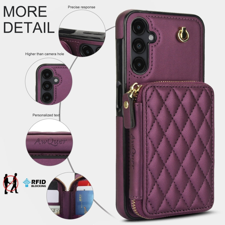 For Samsung Galaxy A14 4G / 5G AwQuer Crossbody Zipper Wallet Rhombic Leather Back Phone Case
