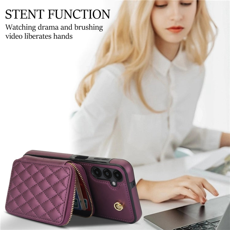 For Samsung Galaxy A14 4G / 5G AwQuer Crossbody Zipper Wallet Rhombic Leather Back Phone Case