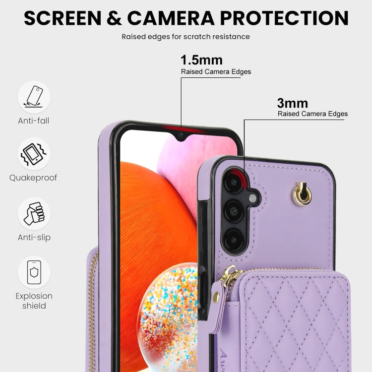For Samsung Galaxy A14 4G / 5G AwQuer Crossbody Zipper Wallet Rhombic Leather Back Phone Case