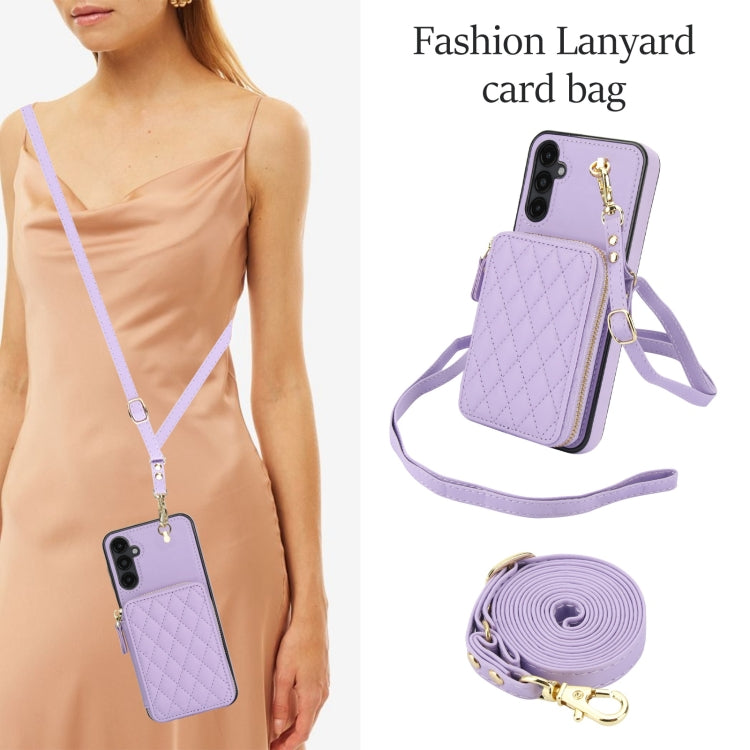 For Samsung Galaxy A14 4G / 5G AwQuer Crossbody Zipper Wallet Rhombic Leather Back Phone Case
