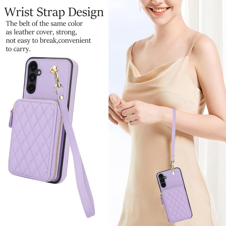 For Samsung Galaxy A14 4G / 5G AwQuer Crossbody Zipper Wallet Rhombic Leather Back Phone Case
