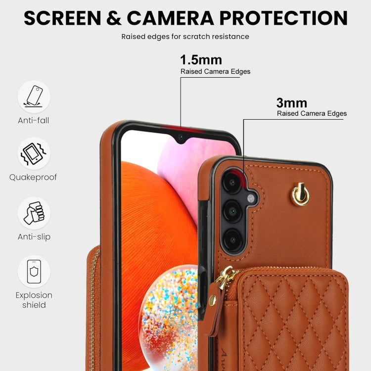 For Samsung Galaxy A14 4G / 5G AwQuer Crossbody Zipper Wallet Rhombic Leather Back Phone Case