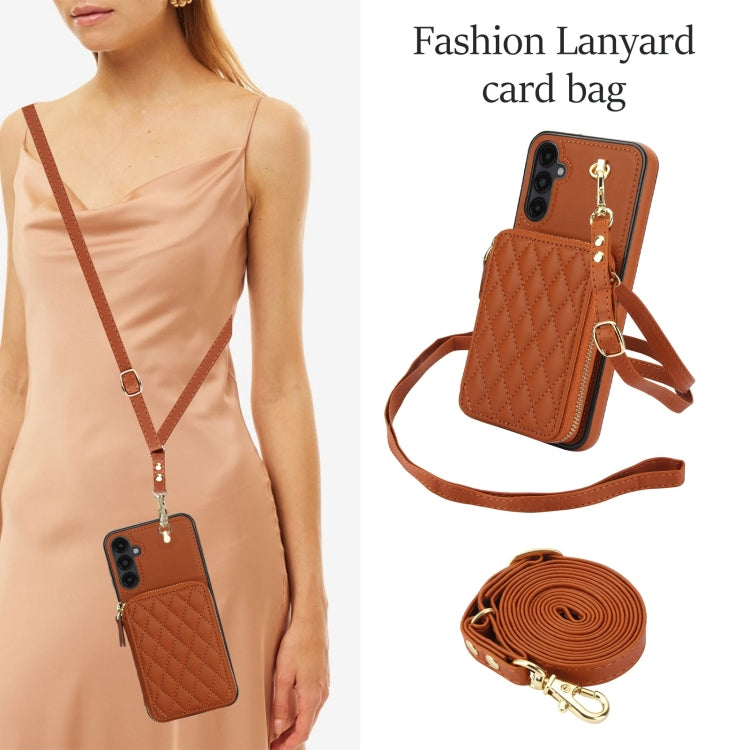 For Samsung Galaxy A14 4G / 5G AwQuer Crossbody Zipper Wallet Rhombic Leather Back Phone Case