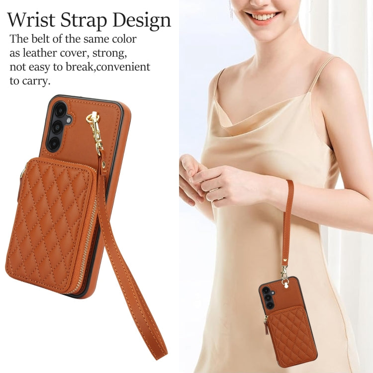 For Samsung Galaxy A14 4G / 5G AwQuer Crossbody Zipper Wallet Rhombic Leather Back Phone Case