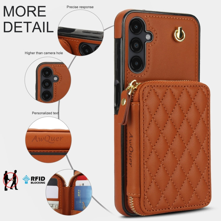 For Samsung Galaxy A14 4G / 5G AwQuer Crossbody Zipper Wallet Rhombic Leather Back Phone Case