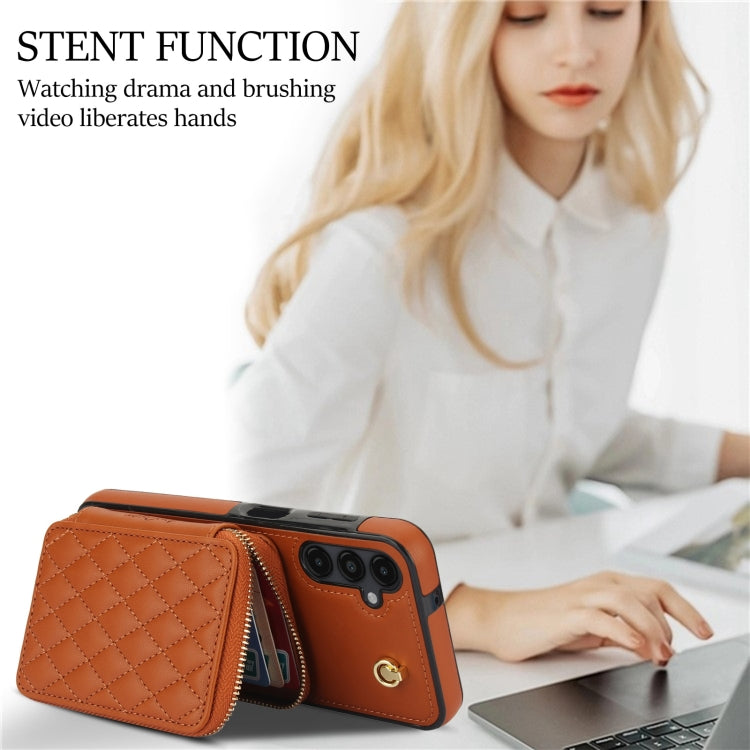 For Samsung Galaxy A14 4G / 5G AwQuer Crossbody Zipper Wallet Rhombic Leather Back Phone Case