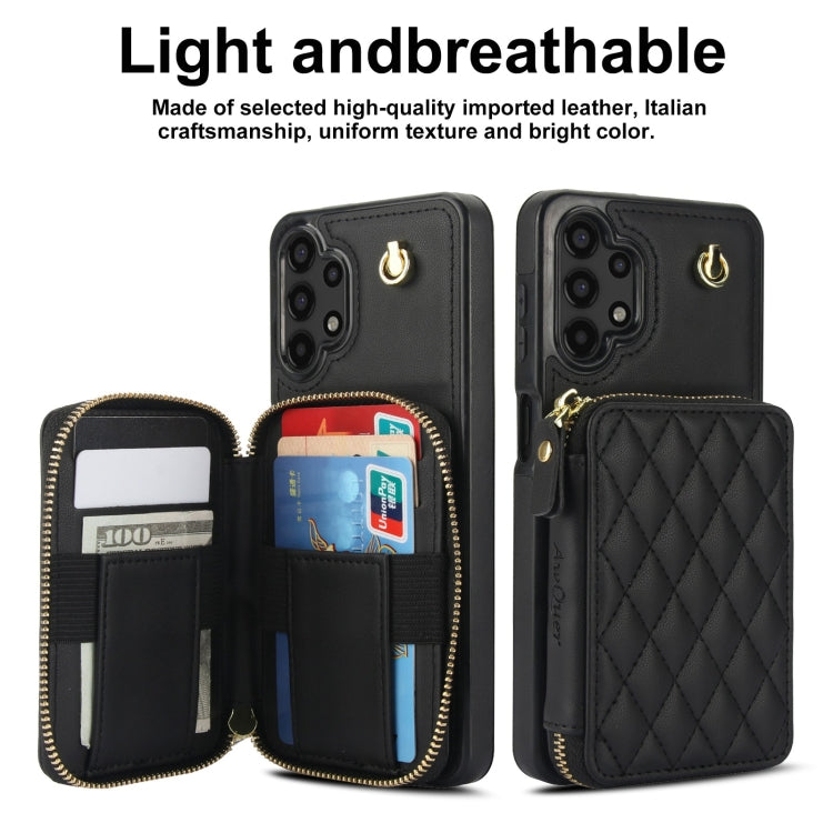 For Samsung Galaxy A13 4G / 5G AwQuer Crossbody Zipper Wallet Rhombic Leather Back Phone Case