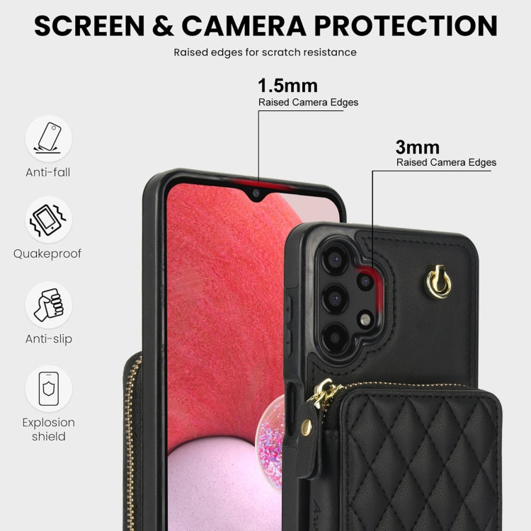 For Samsung Galaxy A13 4G / 5G AwQuer Crossbody Zipper Wallet Rhombic Leather Back Phone Case