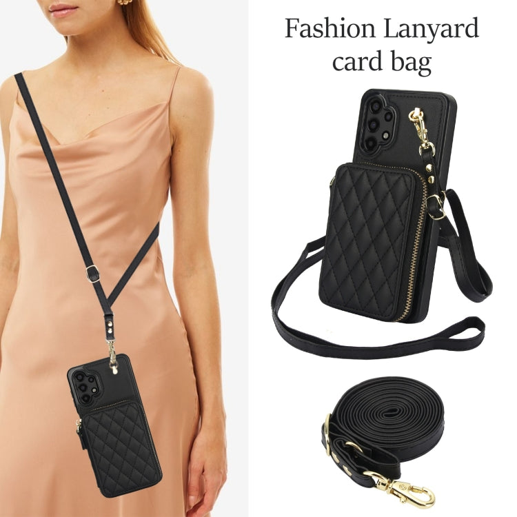For Samsung Galaxy A13 4G / 5G AwQuer Crossbody Zipper Wallet Rhombic Leather Back Phone Case