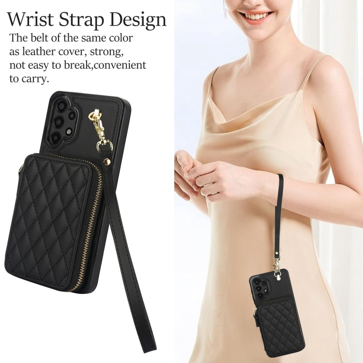 For Samsung Galaxy A13 4G / 5G AwQuer Crossbody Zipper Wallet Rhombic Leather Back Phone Case