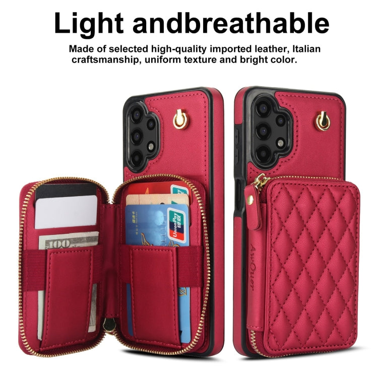 For Samsung Galaxy A13 4G / 5G AwQuer Crossbody Zipper Wallet Rhombic Leather Back Phone Case