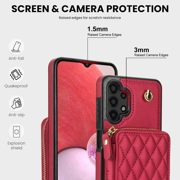 For Samsung Galaxy A13 4G / 5G AwQuer Crossbody Zipper Wallet Rhombic Leather Back Phone Case