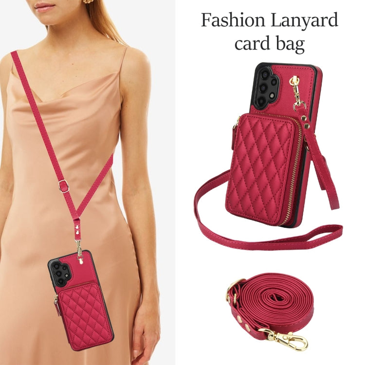 For Samsung Galaxy A13 4G / 5G AwQuer Crossbody Zipper Wallet Rhombic Leather Back Phone Case