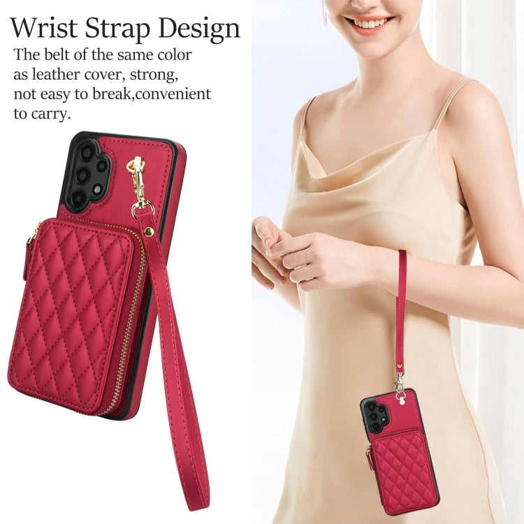 For Samsung Galaxy A13 4G / 5G AwQuer Crossbody Zipper Wallet Rhombic Leather Back Phone Case