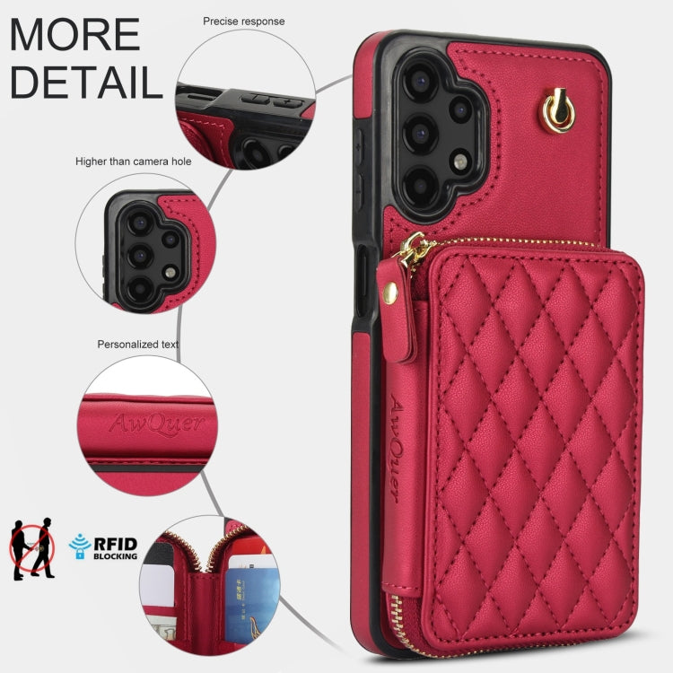 For Samsung Galaxy A13 4G / 5G AwQuer Crossbody Zipper Wallet Rhombic Leather Back Phone Case