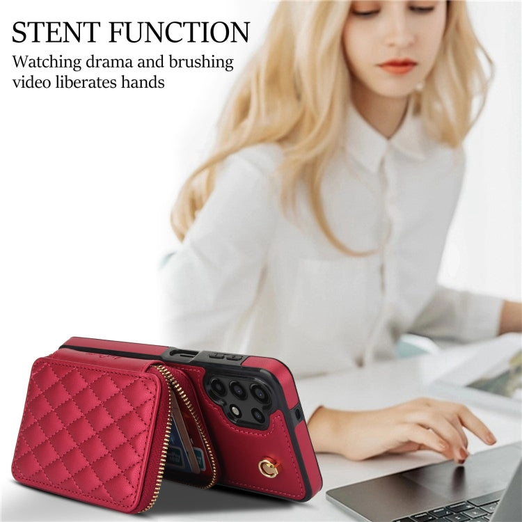 For Samsung Galaxy A13 4G / 5G AwQuer Crossbody Zipper Wallet Rhombic Leather Back Phone Case