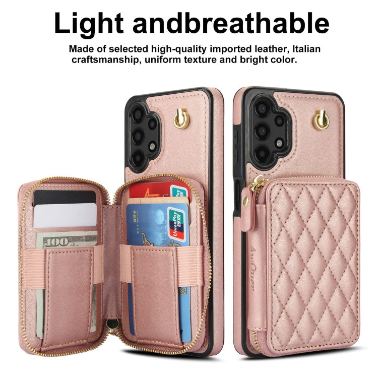 For Samsung Galaxy A13 4G / 5G AwQuer Crossbody Zipper Wallet Rhombic Leather Back Phone Case