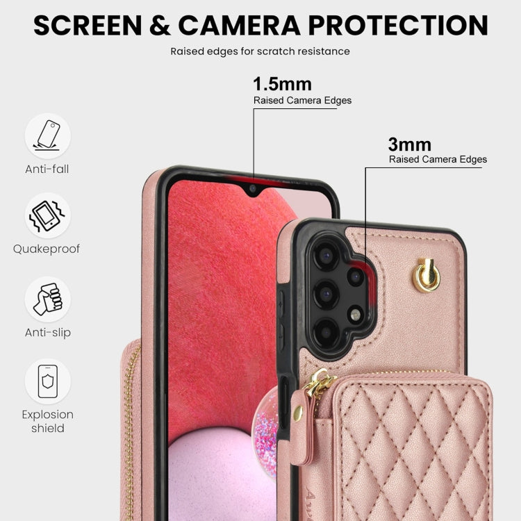 For Samsung Galaxy A13 4G / 5G AwQuer Crossbody Zipper Wallet Rhombic Leather Back Phone Case