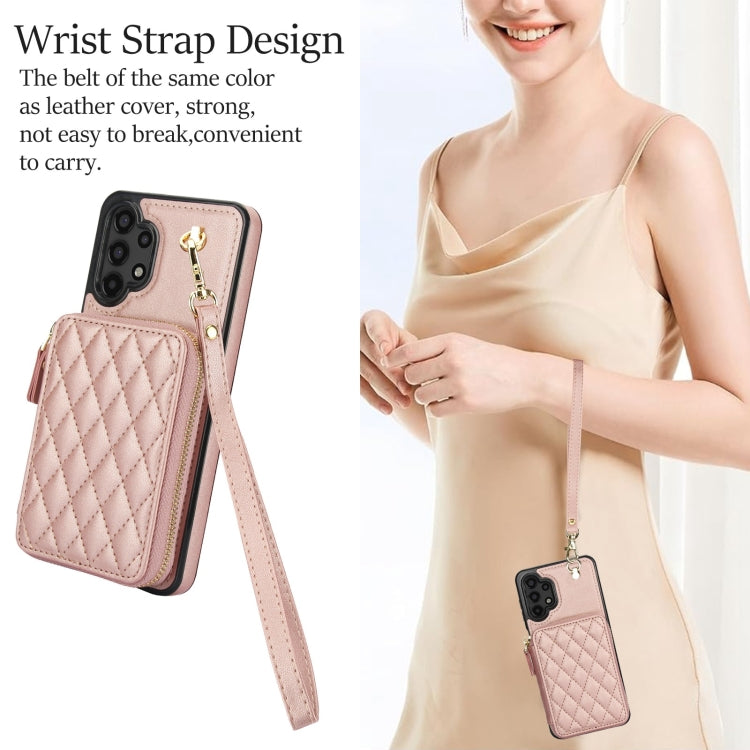 For Samsung Galaxy A13 4G / 5G AwQuer Crossbody Zipper Wallet Rhombic Leather Back Phone Case