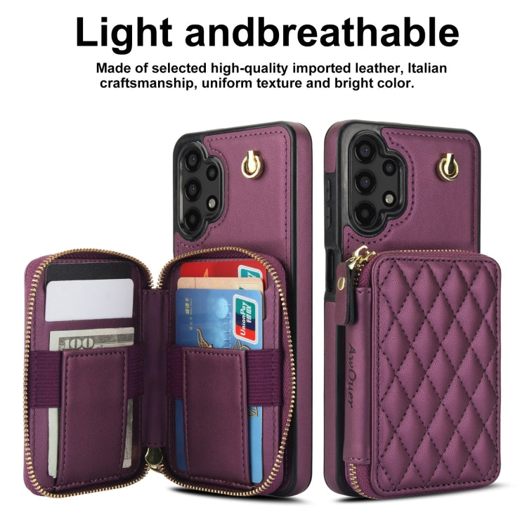 For Samsung Galaxy A13 4G / 5G AwQuer Crossbody Zipper Wallet Rhombic Leather Back Phone Case