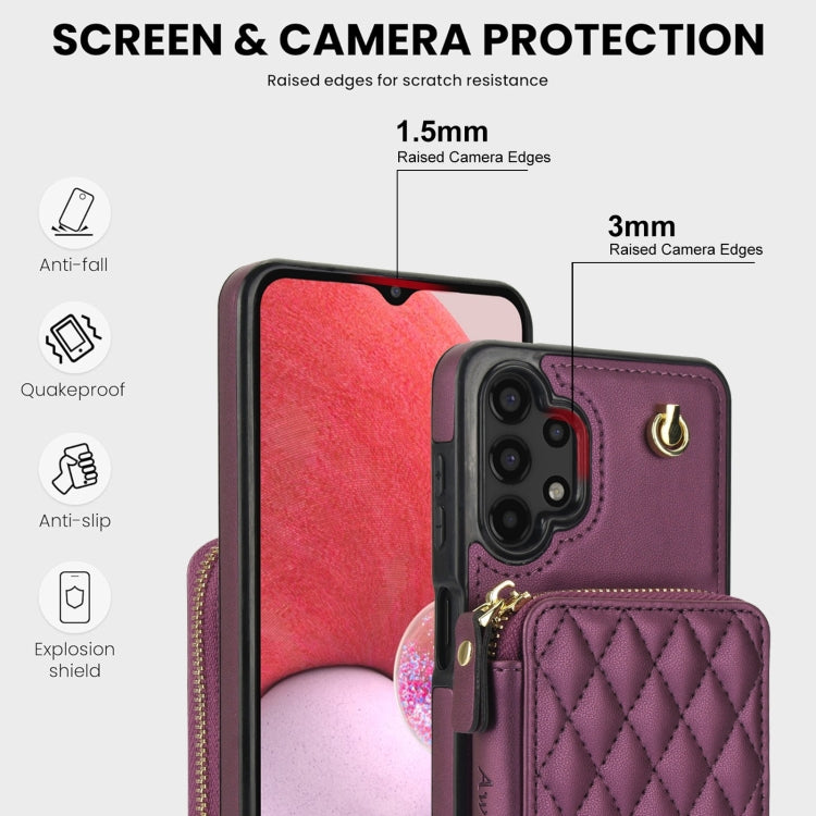 For Samsung Galaxy A13 4G / 5G AwQuer Crossbody Zipper Wallet Rhombic Leather Back Phone Case