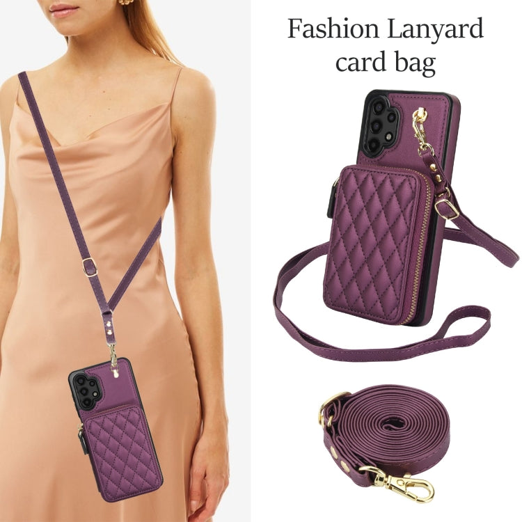 For Samsung Galaxy A13 4G / 5G AwQuer Crossbody Zipper Wallet Rhombic Leather Back Phone Case