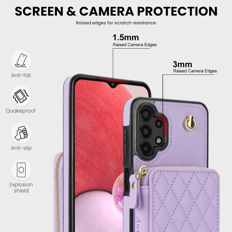 For Samsung Galaxy A13 4G / 5G AwQuer Crossbody Zipper Wallet Rhombic Leather Back Phone Case