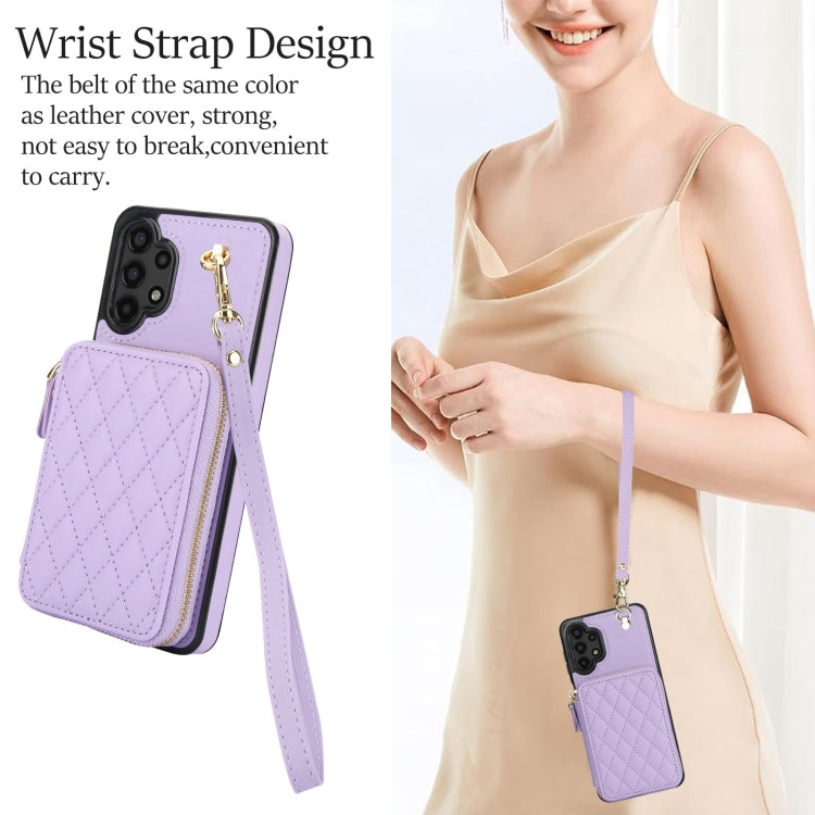 For Samsung Galaxy A13 4G / 5G AwQuer Crossbody Zipper Wallet Rhombic Leather Back Phone Case