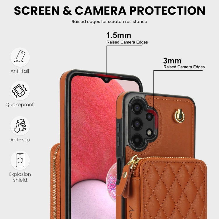 For Samsung Galaxy A13 4G / 5G AwQuer Crossbody Zipper Wallet Rhombic Leather Back Phone Case