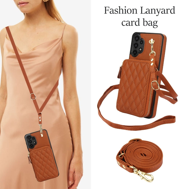 For Samsung Galaxy A13 4G / 5G AwQuer Crossbody Zipper Wallet Rhombic Leather Back Phone Case