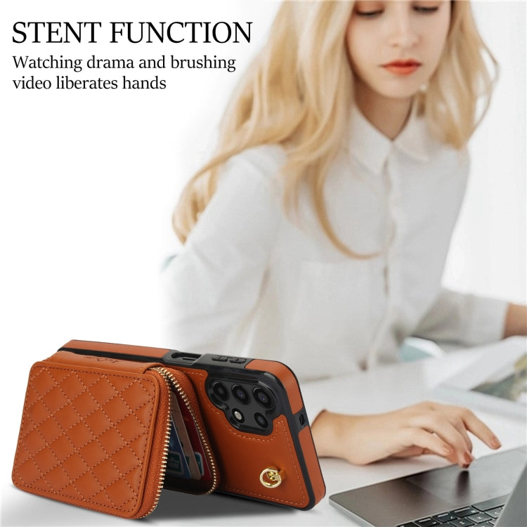 For Samsung Galaxy A13 4G / 5G AwQuer Crossbody Zipper Wallet Rhombic Leather Back Phone Case