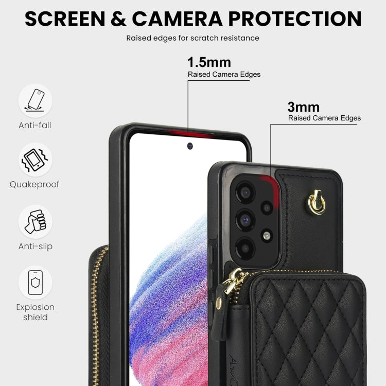 For Samsung Galaxy A73 4G / 5G AwQuer Crossbody Zipper Wallet Rhombic Leather Back Phone Case