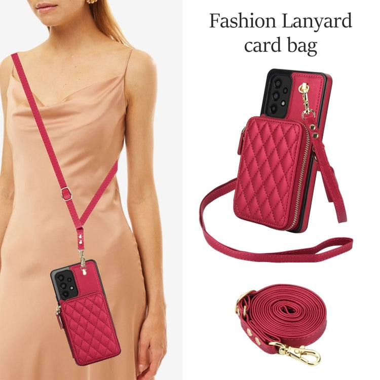 For Samsung Galaxy A73 4G / 5G AwQuer Crossbody Zipper Wallet Rhombic Leather Back Phone Case