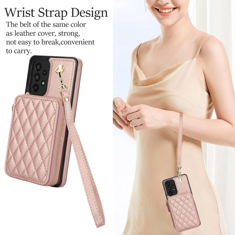 For Samsung Galaxy A73 4G / 5G AwQuer Crossbody Zipper Wallet Rhombic Leather Back Phone Case