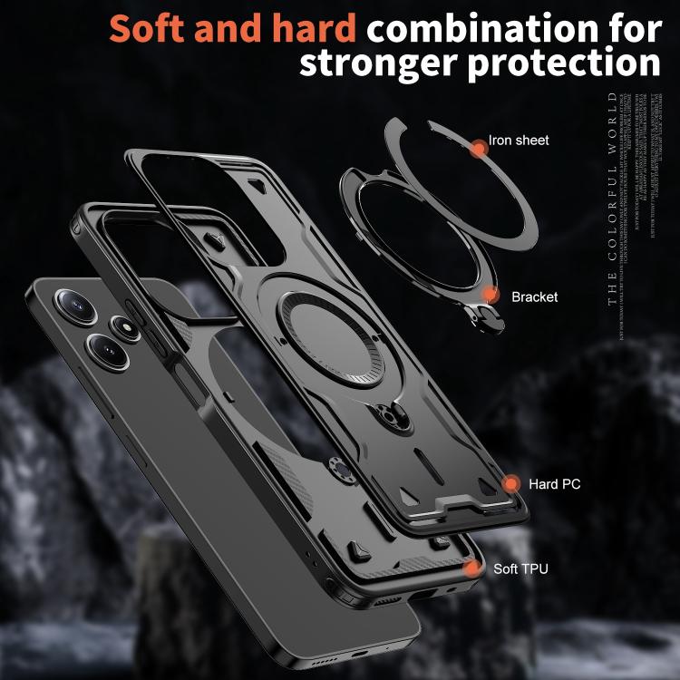 For Redmi 12 5G PC Hybrid TPU Armor MagSafe Ring Holder Phone Case