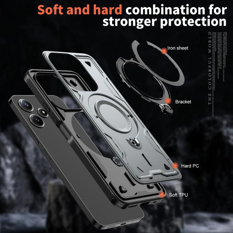 For Redmi 12 5G PC Hybrid TPU Armor MagSafe Ring Holder Phone Case