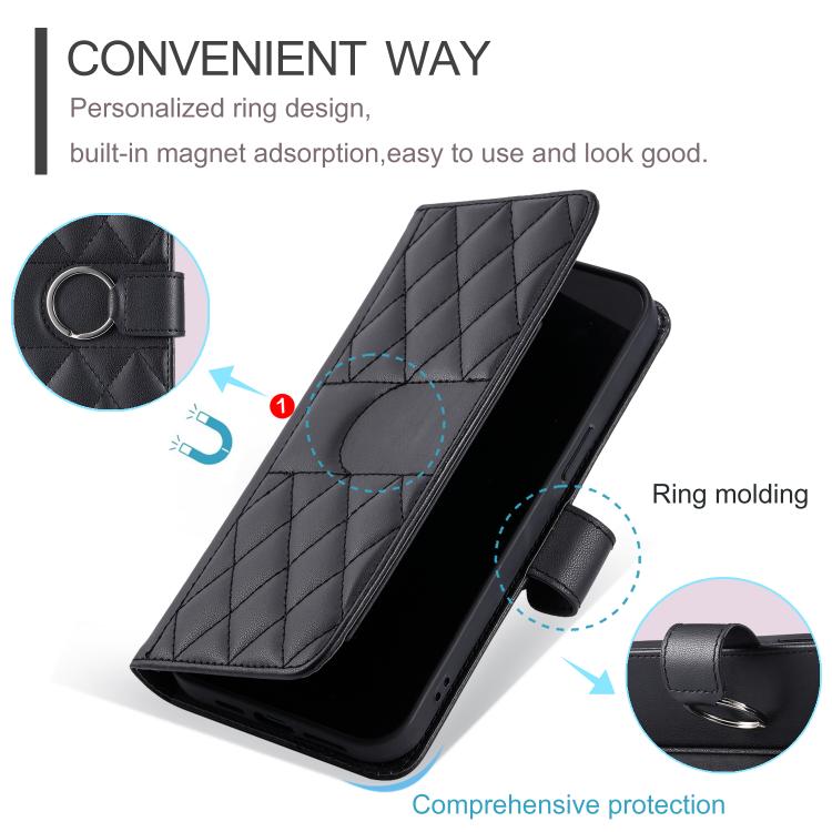 For iPhone 17e / 16e Ring Buckle Rhombic Leather Phone Case