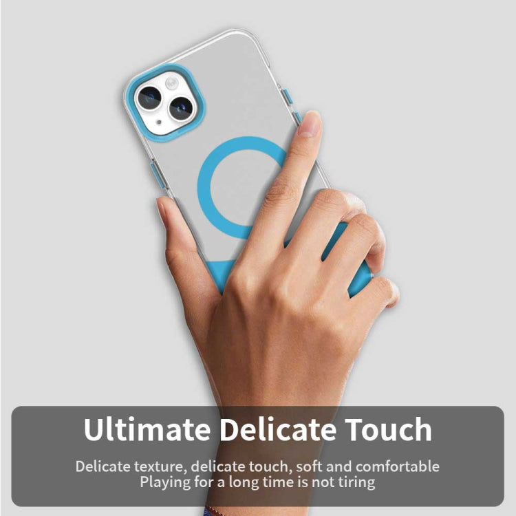 For iPhone 15 Plus Color Blocking Series MagSafe Magnetic PC Hybrid TPU Phone Case