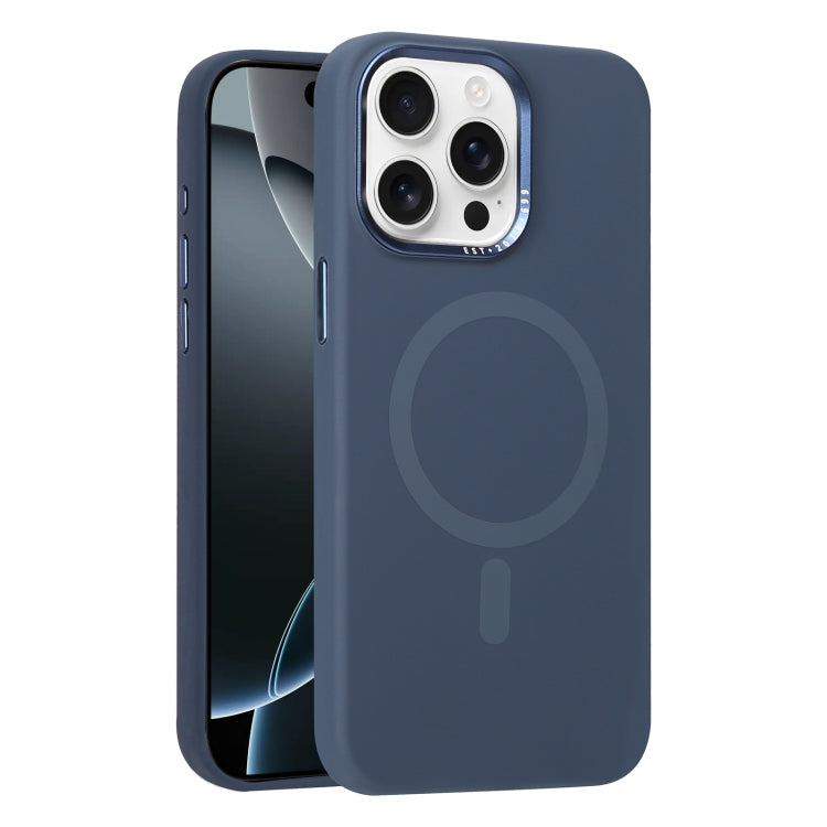 For iPhone 16 Pro Metal Lens Frame Liquid Silicone MagSafe Phone Case